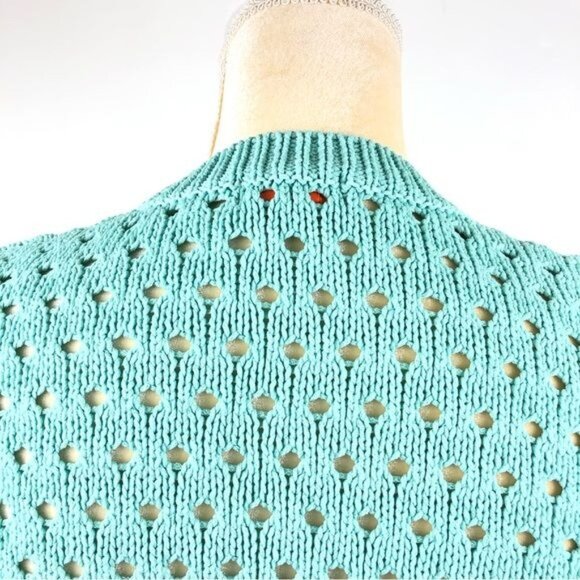 Women's Joe Fresh Perforated Knit Crew Neck Short Sleeve Sweater Sz L Turquoise - Picture 9 of 11